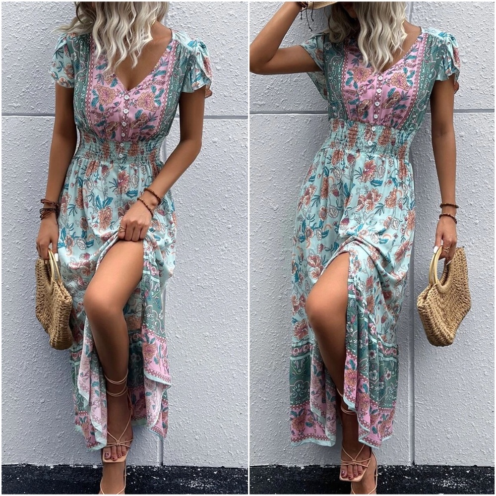 Boho Red Floral Print Butterfly Sleeve Button Detail Dress - Picture 2 of 8